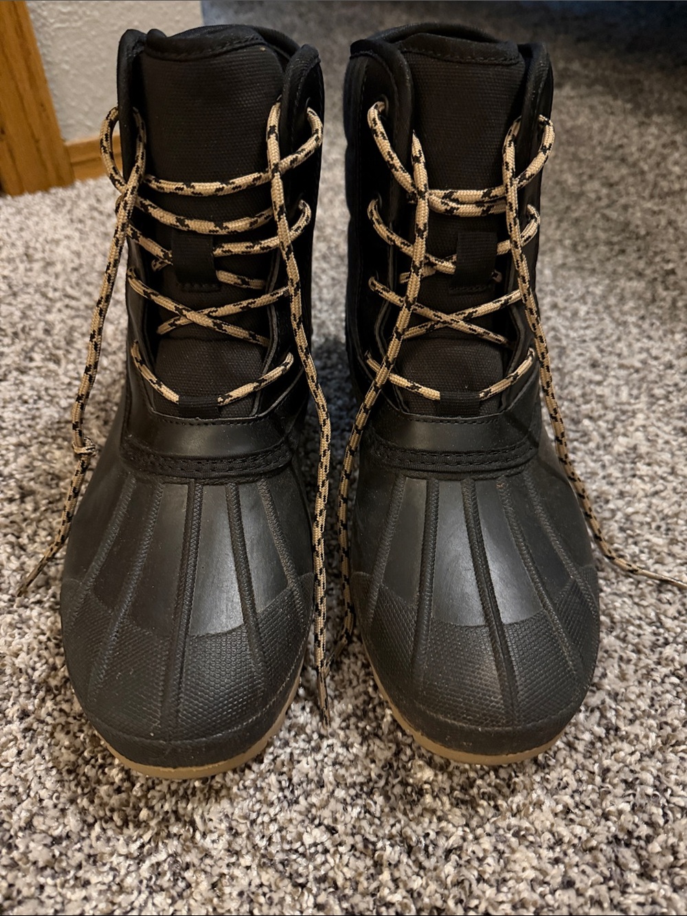 Black Waterproof Duck Boots with Tan Accent Laces